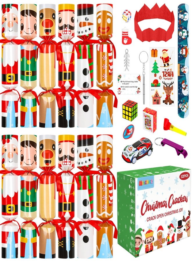 Melisheer 12 Pack Christmas Crackers, No Snap Christmas Party Favors with Six Different Pattern Design, Christmas Poppers with Crown and Joke for Xmas Gifts Holiday Party Favors Supplies Table Decorations - Image 1